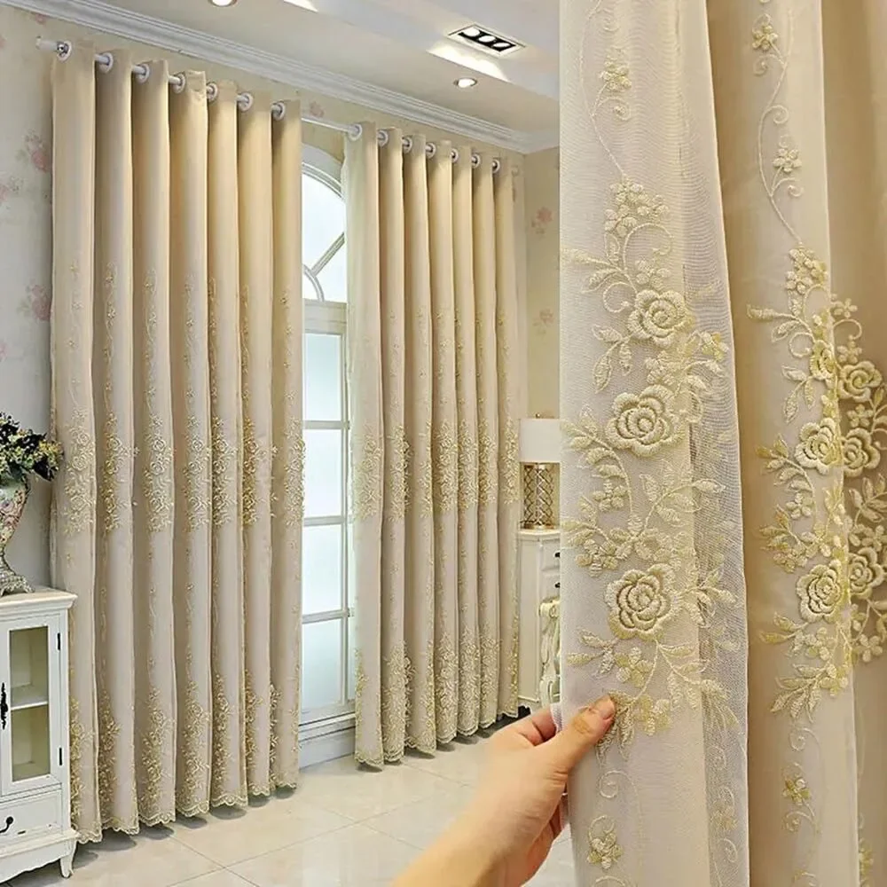 Set of 2 Curtain Panels, 54x84 Inch, European Double Layer Curtains (Beige)